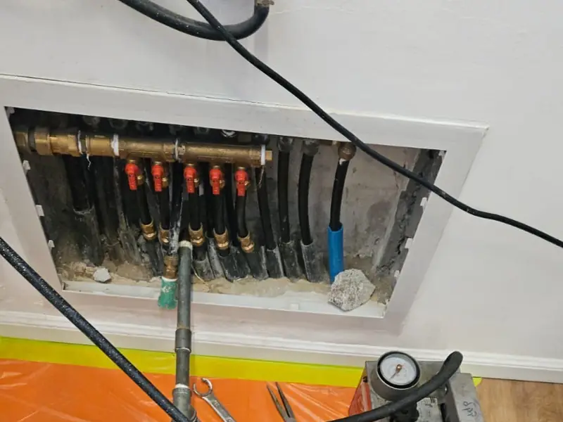 ציוד לבדיקת לחץ מחובר למחלק מים בתוך נישה בקיר